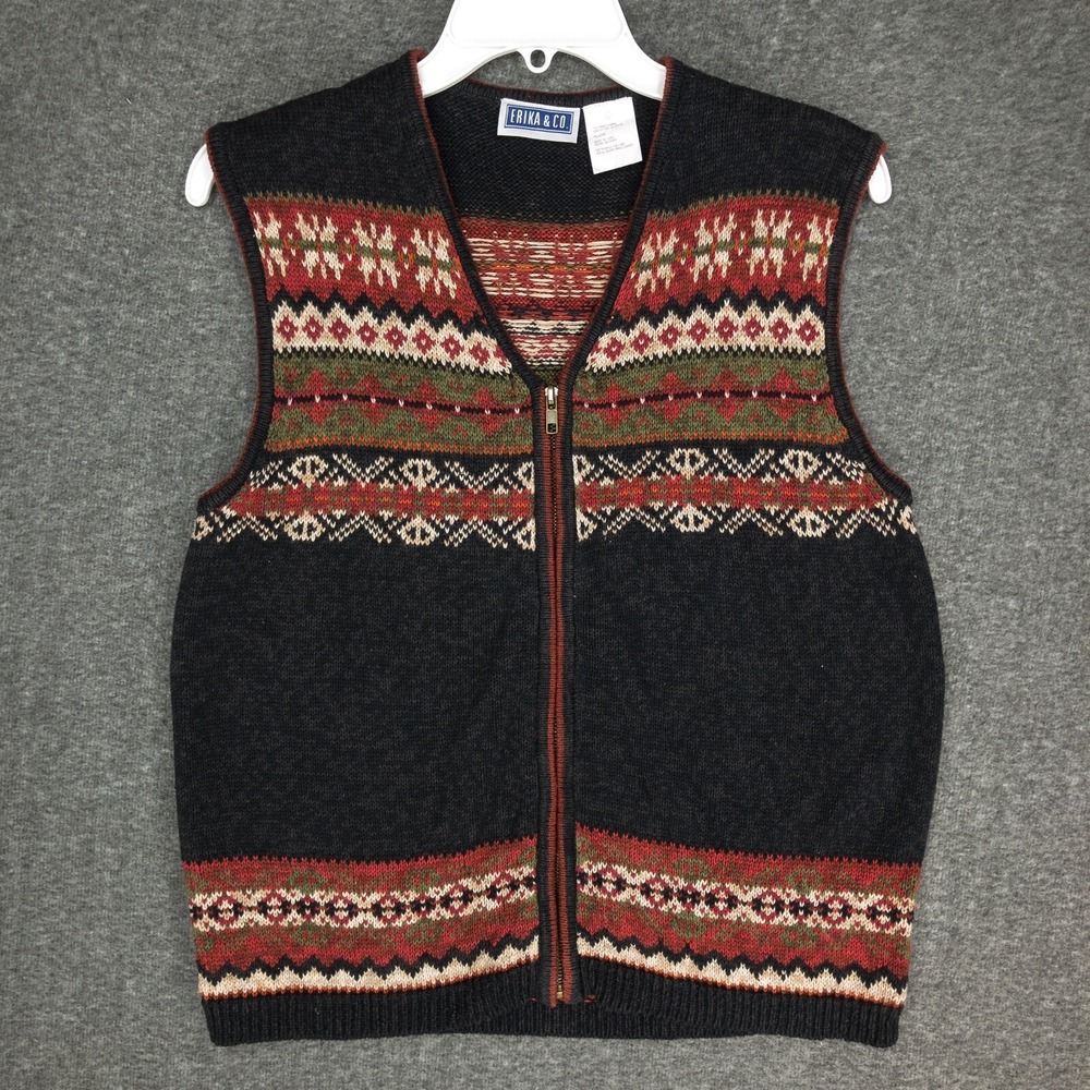 Erika & Co Vintage Fair Isle Knit V-neck Zip Up Sweater Vest Gray Red Size Large